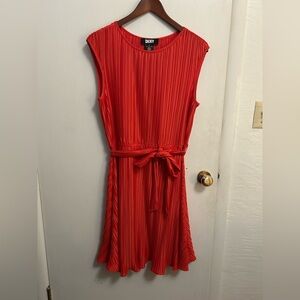 DKNY Pleated Dress Womens 12 Poppy Red AccordionTie Waist Kentucky Derby